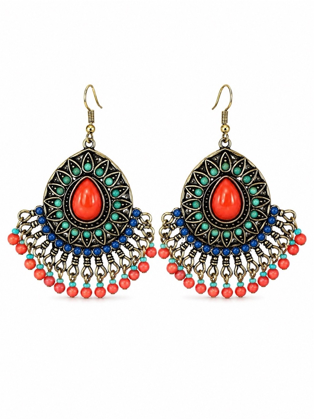 Boho Luxe Statement Earrings Red Turquoise Gold Festival Resort Chic - Picture 4 of 5